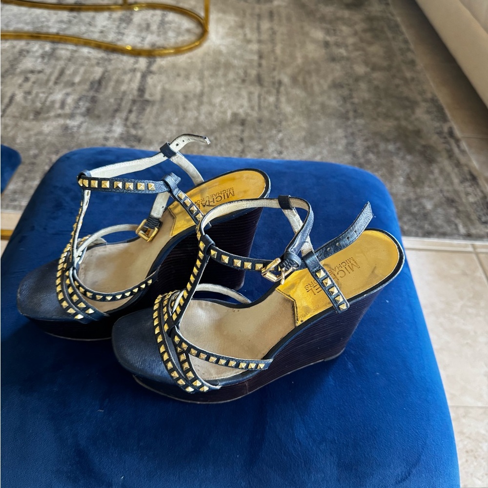 Michael Kors Navy and Gold Studded Wedges